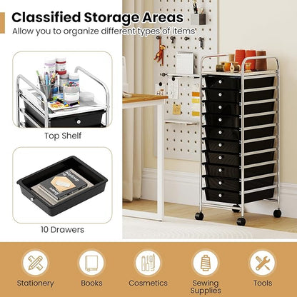 Giantex Rolling Storage Cart with 10 Drawers, Utility Cart with Tabletop, Drawer Organizer with Wheels for Craft Art Paper Tool, Mobile Organization & Sorting for Office Home School School Supplies