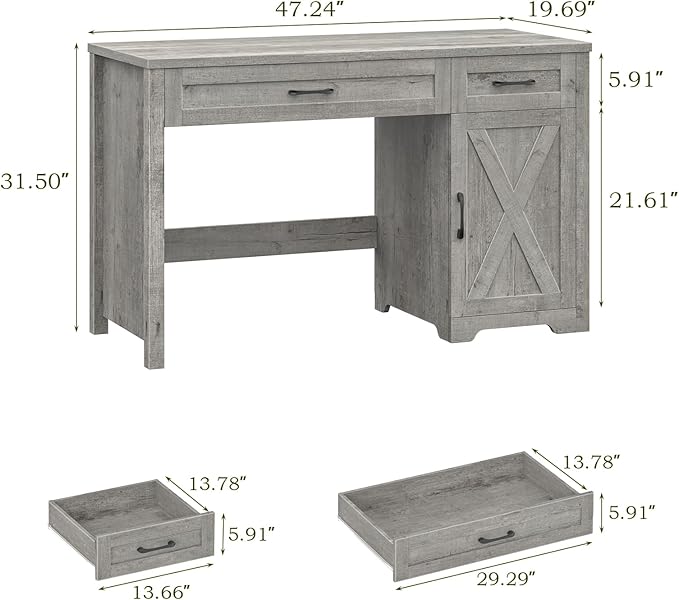 Vabches Farmhouse 47" Executive Desk,Computer Desk with Drawers and Storage Cabinet, Home Office Desk for Work and Study.Grey