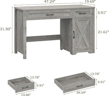 Vabches Farmhouse 47" Executive Desk,Computer Desk with Drawers and Storage Cabinet, Home Office Desk for Work and Study.Grey