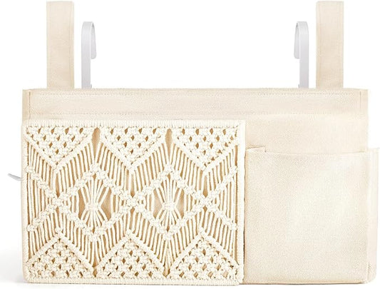 Mkono Bedside Caddy Hanging Organizer, Boho Macrame Storage with Fixed Straps and Hooks, 4 Pockets Holder Remote Magazine Accessories for Home Loft Bunk Bed, Dorm, Hospital Beds
