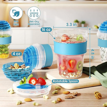 4 Pack Yogurt Parfait Cups with Lids Reusable, 20 oz Plastic Overnight Oats Containers To Go with Granola Compartment and Lids Spoon, Cereal Containers for Oatmeal, Snack, Breakfast Prep (Blue)