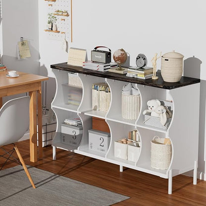 8 Cube Book Shelf, Low and Short Bookshelf, Long Cube Storage Organizer Wood TV Stand, Toy Organization DVD Cabinets for Living Room, Office, Bedroom, Dorm, White with Dark Brown Top