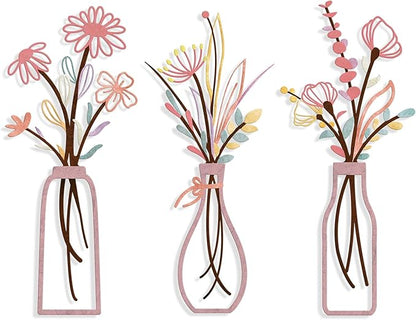 3 Pieces Metal Flowers Wall Arts - Rustic Farmhouse Style Décor Metal Wall Art Black Minimalist Flower Natural Themed Wall Decors for Home Bedroom Dining Room Housewarming (Pinkish)