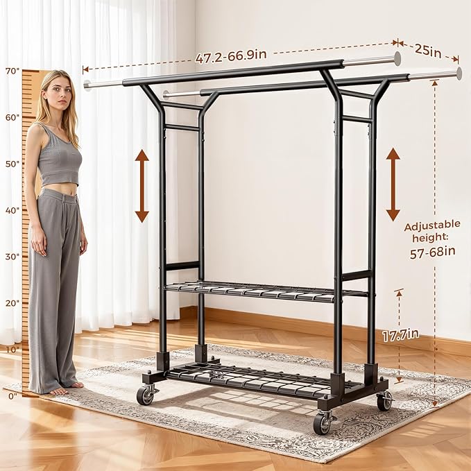 Luxspire Heavy Duty Clothes Rack Load 650 LBS, Double Rod Clothing Racks for Hanging Clothes, Rolling Garment Racks with Lockable Wheels, Shelves, Adjustable Laundry Hanging Rack, Black