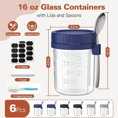 6 Pack Overnight Oats Containers with Lids and Spoons, 16 oz Airtight Oatmeal Container with Measurement Marks, Overnight Oats Jars Large Capacity Airtight Jars for Milk, Cereal, Fruit