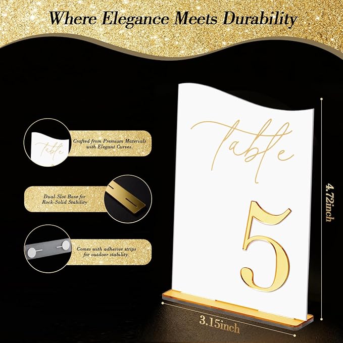 Gold Mirrored Acrylic Wedding Table Numbers 1-20 Set, Self-Standing Modern Arched Signs for Reception Seating, Anniversary & Bridal Shower, Elegant Wedding Decor (5x7 Inches)