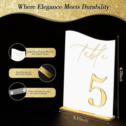 Gold Mirrored Acrylic Wedding Table Numbers 1-20 Set, Self-Standing Modern Arched Signs for Reception Seating, Anniversary & Bridal Shower, Elegant Wedding Decor (5x7 Inches)