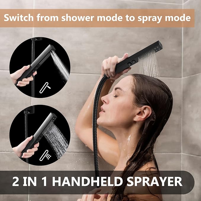 Shower Faucet Set Rainfall Shower System with Square Showerhead and Handle Set Fixture with 2 in 1 Function Handheld Sprayer Wall Mounted Trim Repair Kit Rough-in Valve 12 Inch Matte Black