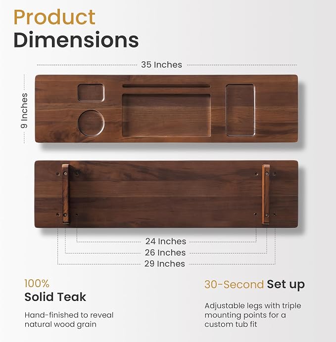 Teak Bathtub Tray for Freestanding Tubs - 35" Heavy-Duty Luxury Bath Caddy, Non-Slip Zero-Wobble Design, Water-Resistant Spa Organizer with Wine Glass & Phone Holder