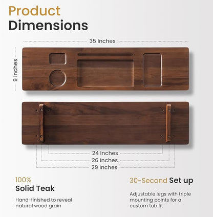 Teak Bathtub Tray for Freestanding Tubs - 35" Heavy-Duty Luxury Bath Caddy, Non-Slip Zero-Wobble Design, Water-Resistant Spa Organizer with Wine Glass & Phone Holder