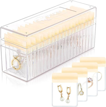 HOMEHIVE Acrylic Jewelry Box Organizer, Clear Jewelry Organizer Holder with 20 Portable Anti Tarnish Jewelry bags, Travel Jewelry Case for Earrings/Rings/Necklaces for Women Girls, Yellow