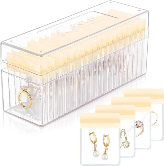 HOMEHIVE Acrylic Jewelry Box Organizer, Clear Jewelry Organizer Holder with 20 Portable Anti Tarnish Jewelry bags, Travel Jewelry Case for Earrings/Rings/Necklaces for Women Girls, Yellow