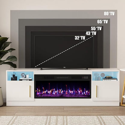 VITESSE Fireplace with TV Stand 36" inch Electric Fireplace Up to 80" TVs, LED Light Entertainment Center, 70" Modern Wood High Gloss with Highlight Storage Cabinet for Living Room (White)