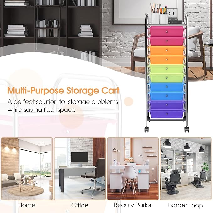 RELAX4LIFE 10 Drawer Rolling Cart, Slim Storage Cart w/Lockable Wheels for Classroom School Teacher Office, Art Supplies Paper Scrapbook Craft Organizers, Utility Cart with Drawers (Color)
