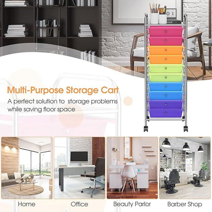 RELAX4LIFE 10 Drawer Rolling Cart, Slim Storage Cart w/Lockable Wheels for Classroom School Teacher Office, Art Supplies Paper Scrapbook Craft Organizers, Utility Cart with Drawers (Color)