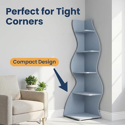 Arvolia 70 Inch Corner Shelf Stylish Design,Modern 5-Tier Wall Corner Bookshelf,Stylish Corner Small Bookcase Storage Rack Plant Stand with Unique Shape for Home Office (Blue)