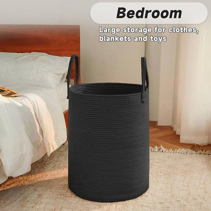 JMvicyroam Large Woven Laundry Basket Hamper,80L Cotton Rope Storage Bin for Blankets,Toys and Clothes,Decorative Tall Nursery Hamper for Living Room,Baby Nursery,Bathroom and Bedroom,Black