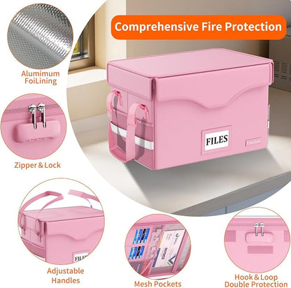 DocSafe 5200°F Fireproof Document Box with Lock,Heat Insulated File Organizer Storage with Pockets,Collapsible Portable Home Office File Safe Box with Handle for Hanging Letter/Legal Folders, Pink