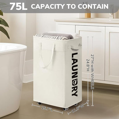 Goodpick Laundry Hamper with Wheels, 75L College Dorm Room Essentials, Clothes Hamper with Removable Wash Bag for Bedroom, Large Laundry Basket with Handle, White