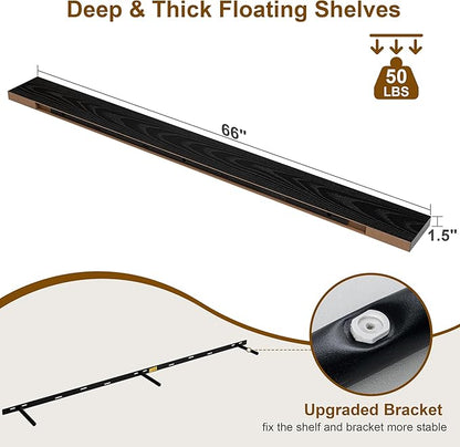 Fun Memories 66 Inch Fireplace Mantel - Long Floating Shelf, Wall Mounted Farmhouse Display with Invisible Heavy Duty Metal Bracket, Black, 2 Pack