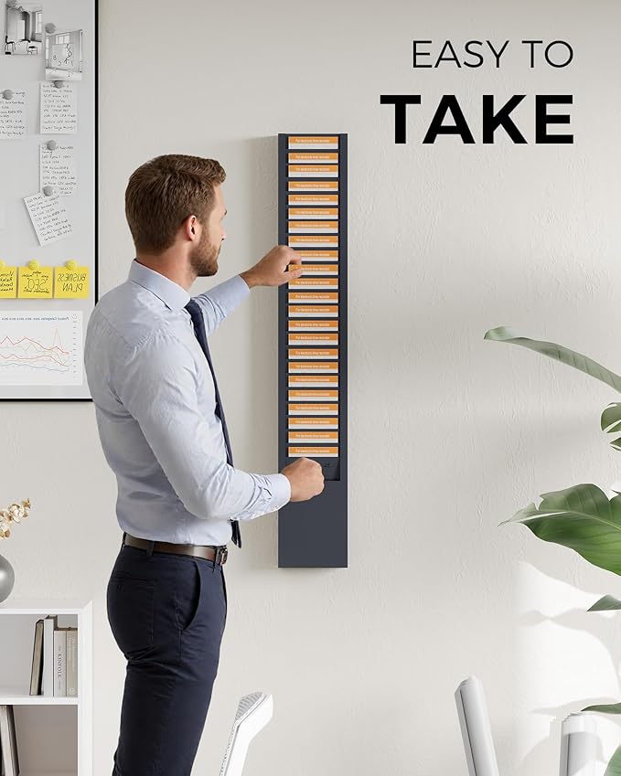 OSKIE 25-pockets Metal Time Card Rack, Wall-Mountable, Powder gray-blue, Vertical Office Organizer, 2x5x30inches