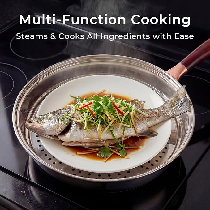 13.07-Inch Carbon Steel Wok Pan with Lid: Woks & Stir-Fry Pans Nonstick with Steamer for Cooking Pan Set, Large Deep Chinese Frying Saute Pan Wok Skillet, Induction Compatible, Stay-Cool Handle, Gifts