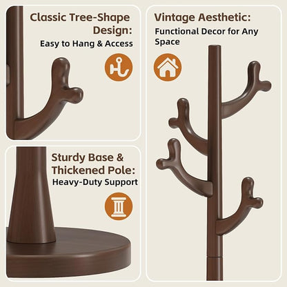 Uniclinens Coat Rack Freestanding Solid Wood Coat Tree Standing with 4 Hooks, Coat Rack Stand Creative Tree Branch-look (Dark Walnut)