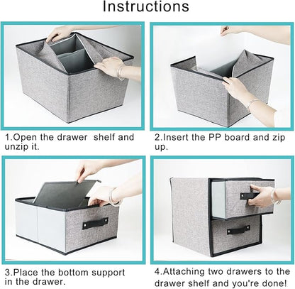 Linen Closet Organizer and Storage, Fabric Storage Drawer Organizer with 2 Drawers for Underwear, Sock, Bra, Small Items, 121212 INCH (Gray)