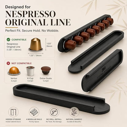 Bamboo Coffee Pod Holder, Adhesive Wall Mount (No Drilling) for Cabinet Door, 36-Capsule Storage (Set of 4) — Vertical/Horizontal — Compatible with Nespresso Original Line-Black
