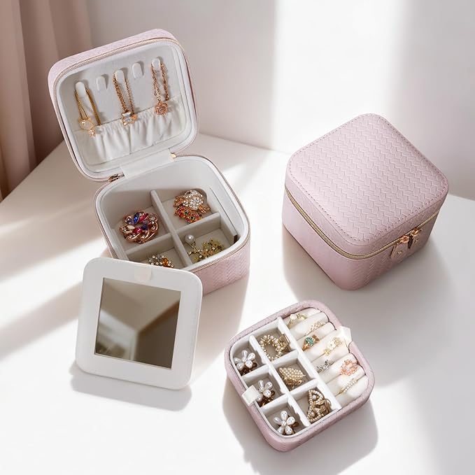 DesignSter Travel Jewelry Case for Woman, Small Travel Jewelry Box with Mirror,4.72×4.72×3.54 inches,Portable Design Travel Jewelry Organizer,Double Headed Zipper