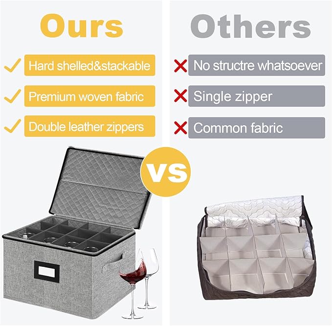 VERONLY Stemware Storage Cases,Quilted Wine glass Storage Boxes with Divider-China Storage Containers Hard Shell Holds 12 Wine Glass or Crystal Glassware Storage Containers, Stackable (Light Grey)
