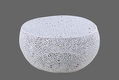 Modern Contemporary Round 32" Coffee Table, Solid Aluminum intrigued Design, Drum Shaped Mesh Cocktail Table, Creative Center Table for Living Room and Bedroom, Casted in White