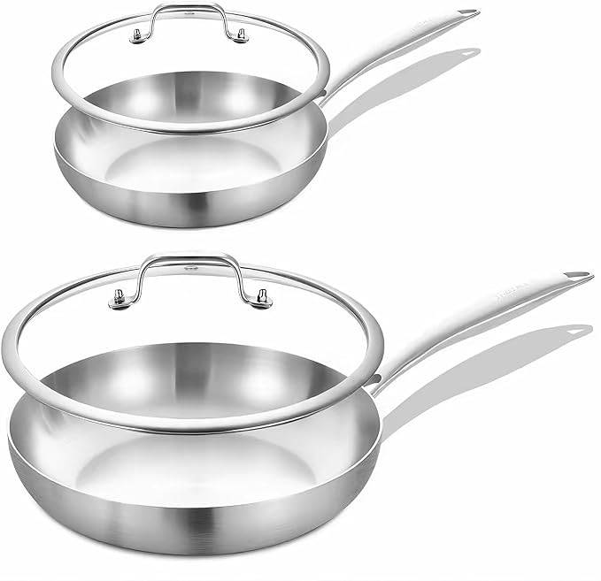 Inqibee 8.5-12 Inch Tri-Ply Stainless Steel Frying Pans Set with Lids Skillets, Induction Cooking Pans, Pots and Pans Set, Dishwasher and Oven Safe, Detachable Handle