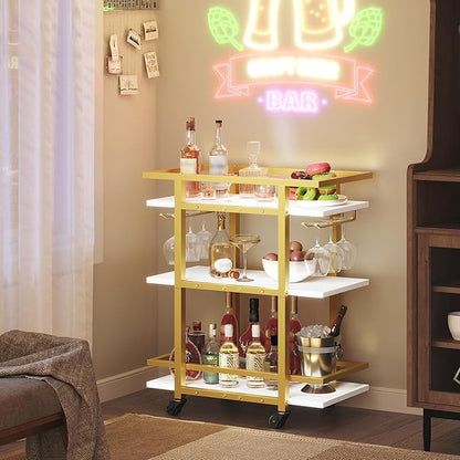 3 Tier Bar Cart, Home Bart Serving Cart with Glass Holders, Rolling Beverage Cart, Mobile Kitchen Shelf, for Home, Garden, Party, Gold BC19DW