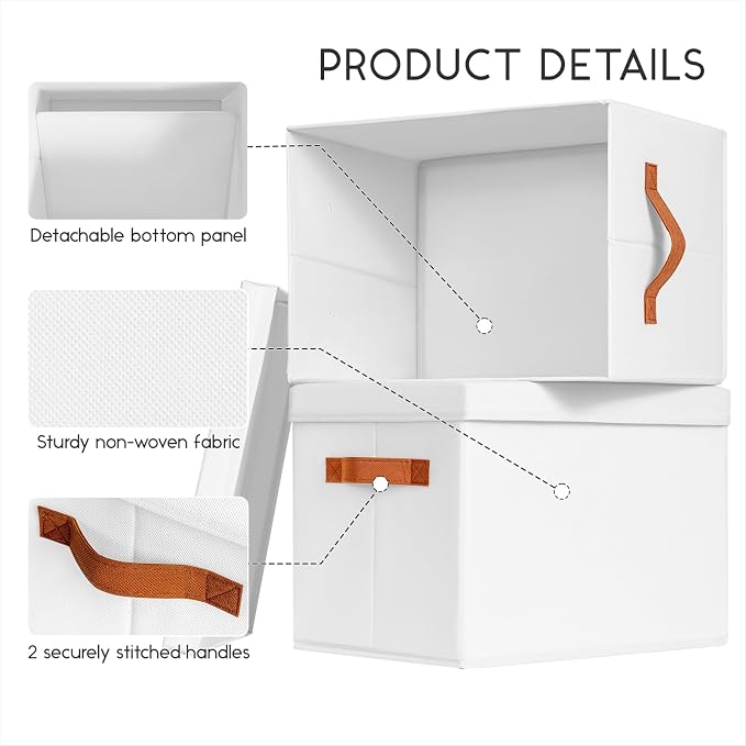 Homsorout Storage Bins with Lids - Fabric Storage Baskets for Shelves, 4 Pack Foldable Decorative Boxes with Handles, Stackable Organizer Bins for Home, Nursery, Dorm, White
