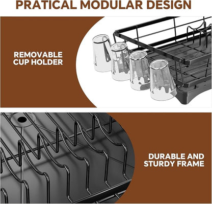 Simple Trending Dish Drying Rack for Kitchen Counter, Stainless Steel Dish Rack, Large Dish Drainer Organizer with Cutlery Holder & Cup Holders, Black