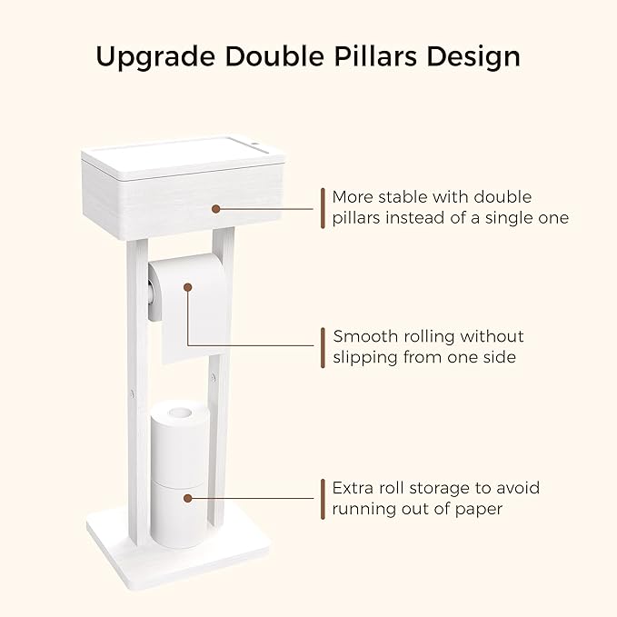 Wealone 4-in-1 White Toilet Paper Holder Stand with Storage Shelf Box, Bamboo Free Standing Toilet Tissue Roll, Toilet Wipes Dispenser Organizer, Temporary Desktop for Bathroom (Patent Protection)