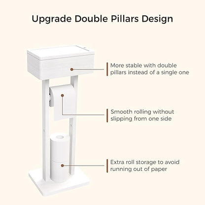Wealone 4-in-1 White Toilet Paper Holder Stand with Storage Shelf Box, Bamboo Free Standing Toilet Tissue Roll, Toilet Wipes Dispenser Organizer, Temporary Desktop for Bathroom (Patent Protection)