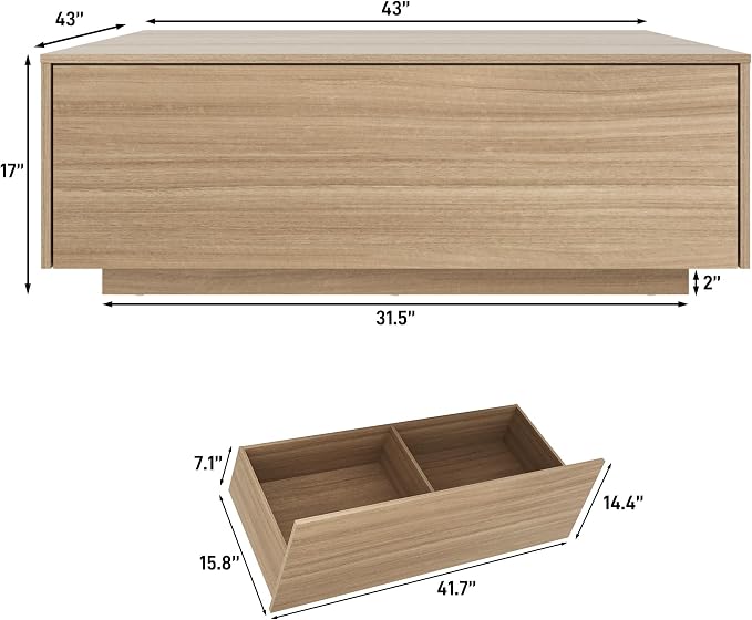 chartustriable 43” Square Coffee Table with Storage, 43" D x 43" W x 17" H Modern Large Square Center Table with 2 Drawers, Wood Coffee Table for Living Room, Light Brown,Bedroom,Light Brown