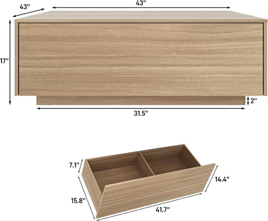 chartustriable 43” Square Coffee Table with Storage, 43" D x 43" W x 17" H Modern Large Square Center Table with 2 Drawers, Wood Coffee Table for Living Room, Light Brown,Bedroom,Light Brown