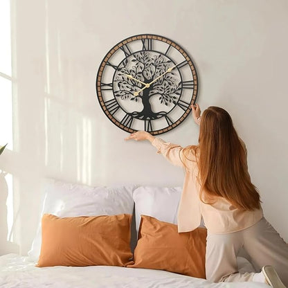 Micasso Non-Ticking Large Wall Clock: 27Inch Tree of Life Metal Black with Solid Wood Frame - Battery Operated Silent Clock for Living Room/Office/Bedroom/Kitchen - Home Decor for Porfessional
