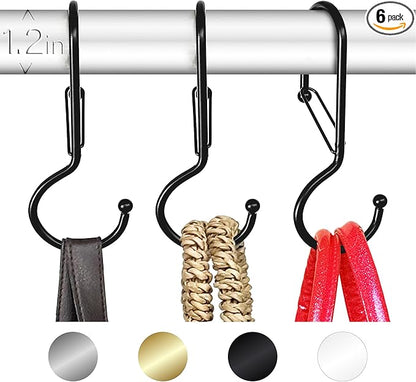 6 Purse Hanger for Closet. Tote Hanger. S-Shaped Hooks S Hooks Twist Design. Anti Drop S-Shaped Hook for Hanging Handbags with Safety Buckle to Prevent Falls. Heavy Duty. (Black, Twisted)