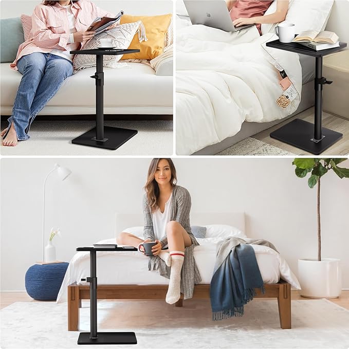 YUHFERA Sofa Armrest Tray Table for Couch - 360° Swivel Height Adjustable End for Small Spaces, Snack Side Table for Bed or Chair with Phone & Tablet Slot (Black,Standard)