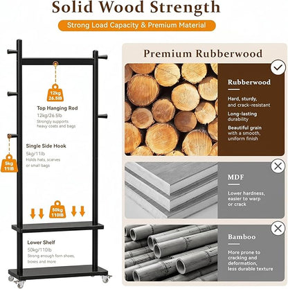 Taitiy Coat Rack Freestanding Clothing Rack with Wheels & 2 Shelves Storage & 5 Hooks Heavy Duty Clothes Rack Wood Coat Tree Stand Hat Hanger Rack for Corner Bedroom Entryway Living Room Hotel Size L