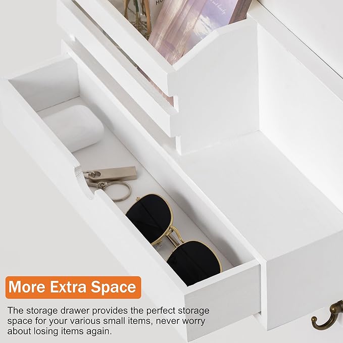 Key and Mail Holder for Wall, Mail Organizer Wall Mount with 6 Hooks and Storage Drawer, Wooden Key Rack Hanger with Shelf for Entryway and Home Decor