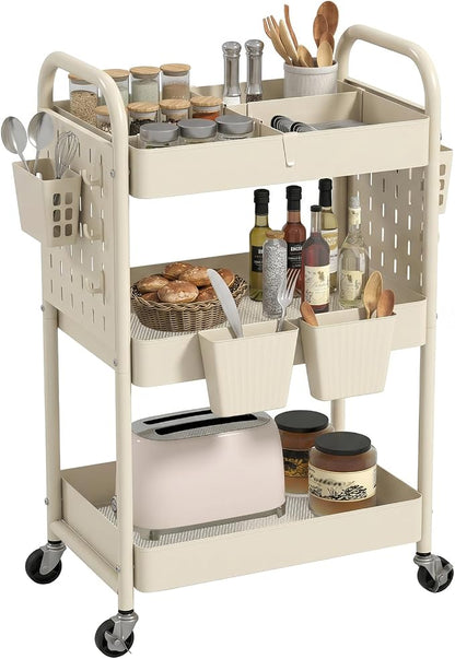 danpinera 3 Tier Rolling Cart with Retractable Dividers, Multi-Functional White Rolling Utility Cart with Pegboards, Hooks & Hanging Cups for Nursery, Living Room, Studio