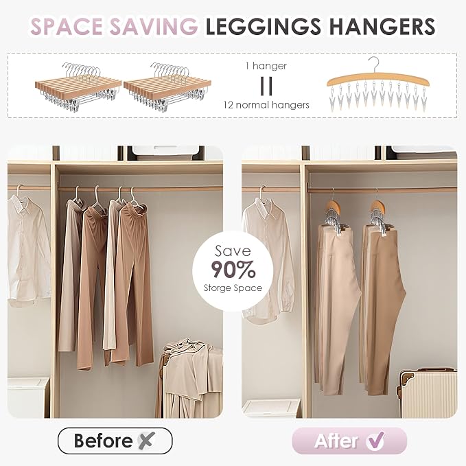 MEILIDY Leggings Hangers, Wooden Closet Hanging Leggings Storage Organizer Scarf Hangers with 24 Clips, 360° Swivel Hook, Burlywood, 2 Pcs