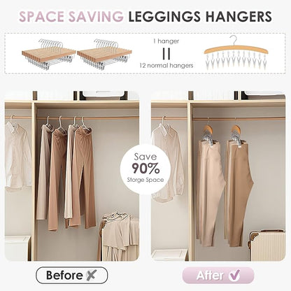 MEILIDY Leggings Hangers, Wooden Closet Hanging Leggings Storage Organizer Scarf Hangers with 24 Clips, 360° Swivel Hook, Burlywood, 2 Pcs