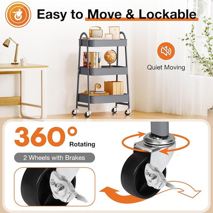 NEWBULIG 3-Tier Metal Rolling Cart with Lockable Wheels, Heavy Duty Mobile Utility Storage Shelf, Roller Book Snack Cart, Grey