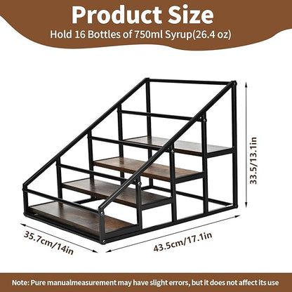 YQBRAO Coffee Syrup Rack Organizer,Liquor Bottle Display Shelf,Water cup display stand,Spice Rack Kitchen Cabinet Organizer,Rustic Brown,2 Packs 4 Tier 16 Bottle Coffee Syrup Holder